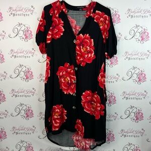 imPRESS dress Black and Red Floral Button Down long Shirt mini dress